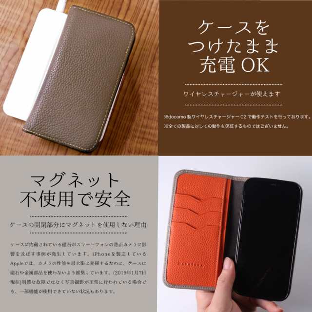 [HANATORA] iPhone12 mini ケース バイカラー 手帳型 本革 シュリンクカーフレザー スマホケース 耐衝撃 磁石不使用 マグネットなし ハンドメイド グレージュ ピンク PH-12Mini-Grege-PKの通販は