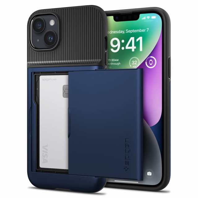 Spigen iPhone14Plus ケース カード 手帳型 収納ケース 2重構造 耐衝撃 米軍MIL規格取得 落下防止 IC カード ポケット パスケース スリム