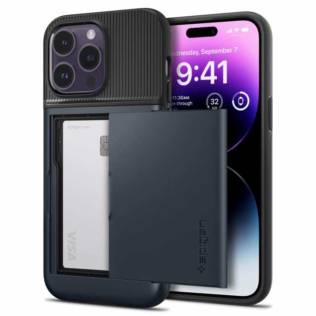 Spigen iPhone14ProMax ケース カード 手帳型 収納ケース 2重構造 耐衝撃 米軍MIL規格取得 落下防止 IC カード ポケット パスケース スリ