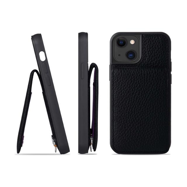 [HANATORA] iPhone13 mini ケース 本革 シュリンクカーフレザー カードポケット フラップ スタンド機能 ショルダーストラップ 耐衝撃 ハンドメイド ギフト シンプル メンズ レディース スマホケース 黒 クロ ブラック SCPG-13Mini-Black