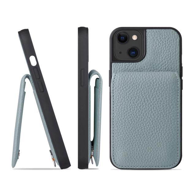 [HANATORA] iPhone13 ケース 本革 シュリンクカーフレザー カードポケット フラップ スタンド機能 ショルダーストラップ 耐衝撃 ハンドメイド ギフト シンプル メンズ レディース スマホケース 水色 アイシーブルー SCPG-13-IcyBlue