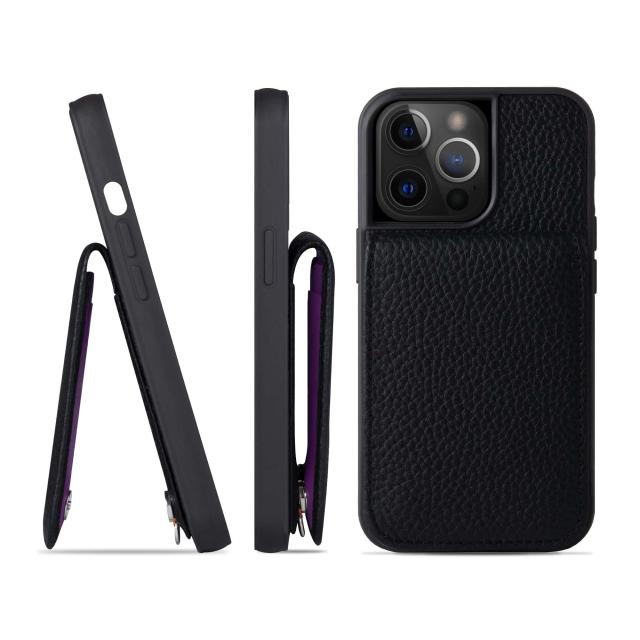 [HANATORA] iPhone13 Pro ケース 本革 シュリンクカーフレザー カードポケット フラップ スタンド機能 ショルダーストラップ 耐衝撃 ハンドメイド ギフト シンプル メンズ レディース スマホケース 黒 クロ ブラック SCPG-13Pro-Black