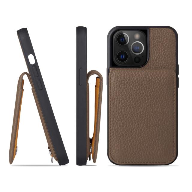 [HANATORA] iPhone13 Pro ケース 本革 シュリンクカーフレザー カードポケット フラップ スタンド機能 ショルダーストラップ 耐衝撃 ハンドメイド ギフト シンプル メンズ レディース スマホケース 茶色 トープ SCPG-13Pro-Taupe