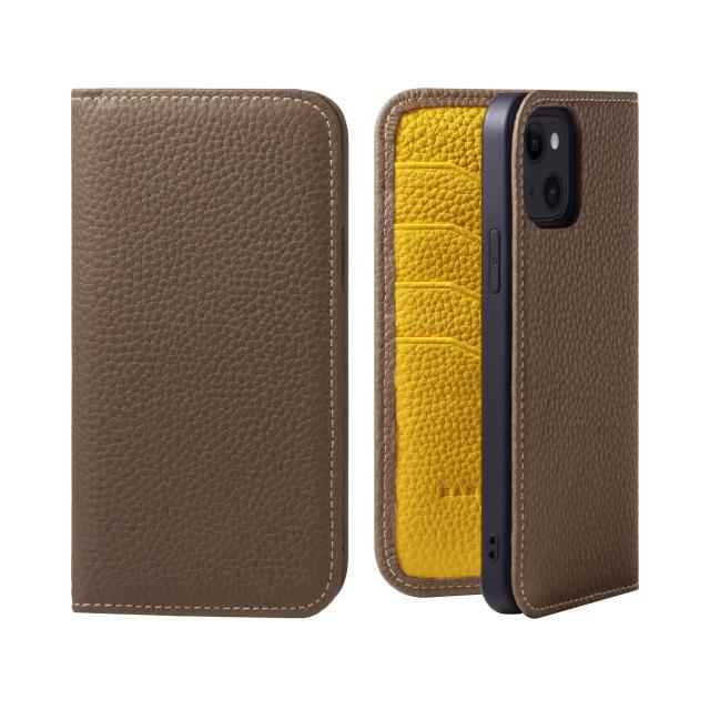 [HANATORA] iPhone 14 Plus ケース バイカラー 手帳型 本革 シュリンクカーフレザー スマホケース 耐衝撃 磁石不使用 マグネットなし ハンドメイド トープ イエロー PH-14Plus-Taupe-YL