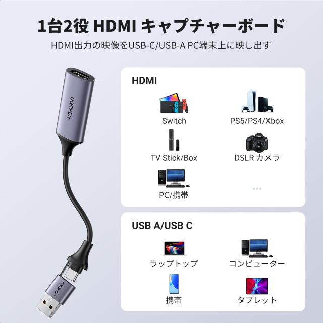 UGREEN HDMI キャプチャーボード Switch対応 4K＠60Hz Type CUSB 1080P