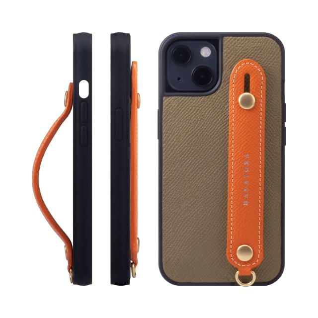 [HANATORA] iPhone 14 ケース 本革 グリップケース エンボスレザー ストラップ付属 片手操作 スタンド機能 メンズ レディース トープ/オレンジ NGH-14-Taupe-OGの通販は