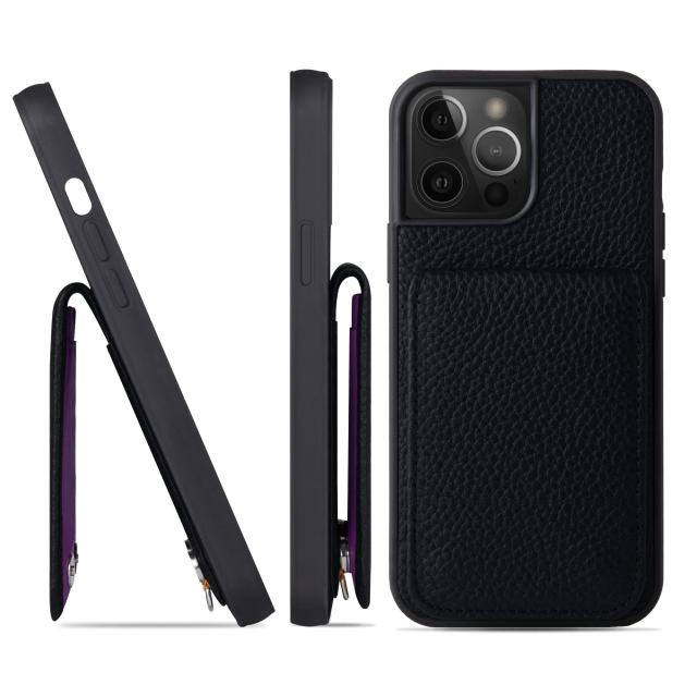 [HANATORA] iPhone 14 Pro Max ケース 本革 シュリンクカーフレザー カードポケット フラップ スタンド機能 ショルダーストラップ 耐衝撃 ハンドメイド ギフト シンプル メンズ レディース スマホケース 黒 クロ ブラック SCPG-14ProMax-Black