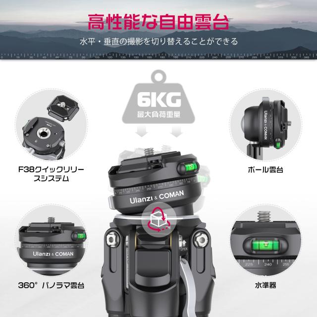 Ulanzi ZERO F38 カーボン三脚 トラベル 3Way雲台 カメラ 軽量 Ulanzi ZERO F38 カーボン三脚 トラベル 3Way雲台 カメラ 軽量