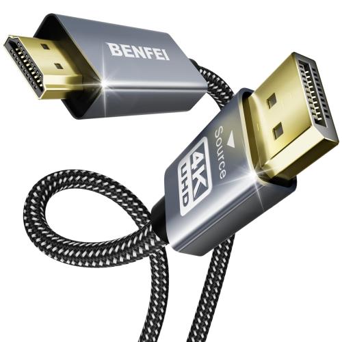 BENFEI 5個 4K DisplayPort - HDMI 1.8m ケーブル [アルミニウム シェル、ナイロン編組]、単方向 DP 1.2 コンピューター to HDMI 1.4 スクリーン ケーブル HP、ThinkPad、AMD、NVIDIA、デスクトップなどと互換性があります（オス-オス 、逆方向に非対応）