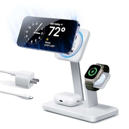 ESR 25W 3in1 MagSafe充電器 Apple認定磁気ワイヤレス充電器 CryoBoost冷却ファン付き 充電スタンド iPhone 15/14/13/12/Apple Watch/AirPods Pro/3用 高速MagSafe充電ステーション スマホ冷却充電器 ホワイト