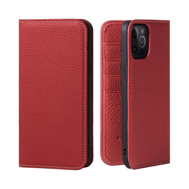 [HANATORA] iPhone 15 Pro Max ケース 手帳型 本革 シュリンクカーフレザー スマホケース 耐衝撃 磁石不使用 マグネットなし ハンドメイド ギフトにも最適品 ダイアリーケース Edel レッド PH-15ProMax-Red