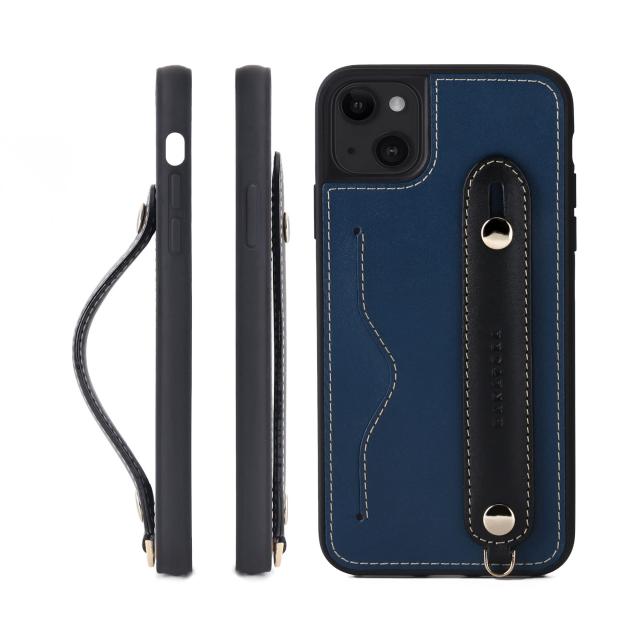 [HANATORA] iPhone 15 Plus ケース 本革 グリップケース レザー ストラップ付属 イタリア製牛革 ヌメ革 片手操作 カード収納 スタンド機能 メンズ レディース ブルー/ブラック CGH-15Plus-Blue-BKの通販は