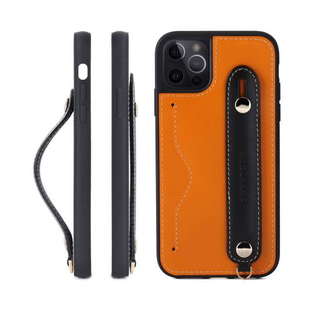 [HANATORA] iPhone 15 Pro ケース 本革 グリップケース レザー ストラップ付属 イタリア製牛革 ヌメ革 片手操作 カード収納 スタンド機能 メンズ レディース オレンジ/ブラック CGH-15Pro-Orange-BKの通販は