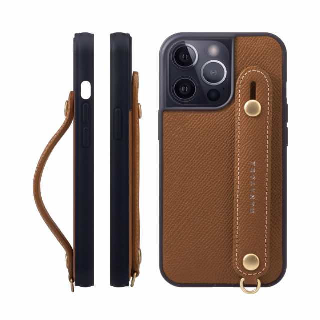 [HANATORA] iPhone 15 Pro ケース 本革 グリップケース エンボスレザー ストラップ付属 片手操作 スタンド機能 メンズ レディース キャラメル NGH-15Pro-Caramelの通販は