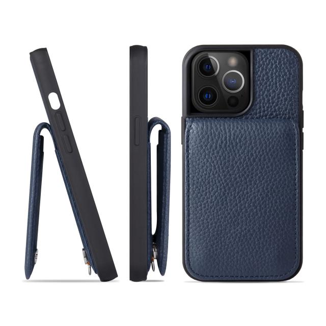 [HANATORA] iPhone 15 Pro ケース 本革 シュリンクカーフレザー カードポケット フラップ スタンド機能 ショルダーストラップ 耐衝撃 ハンドメイド ギフト シンプル メンズ レディース スマホケース 紺 ブルーインディゴ SCPG-15Pro-BlueIndigo