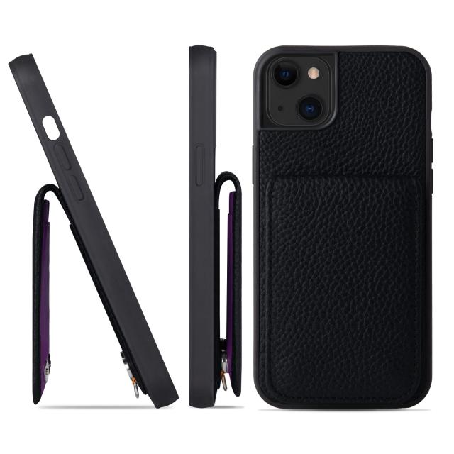 [HANATORA] iPhone 15 Plus ケース 本革 シュリンクカーフレザー カードポケット フラップ スタンド機能 ショルダーストラップ 耐衝撃 ハンドメイド ギフト シンプル メンズ レディース スマホケース 黒 クロ ブラック SCPG-15Plus-Black