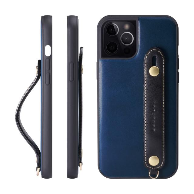 [HANATORA] iPhone 15 Pro Max ケース イタリアンレザー 本革 ベルトスタイル ネックストラップ付属 ブルー+ブラック TGH-15ProMax-BlueBK