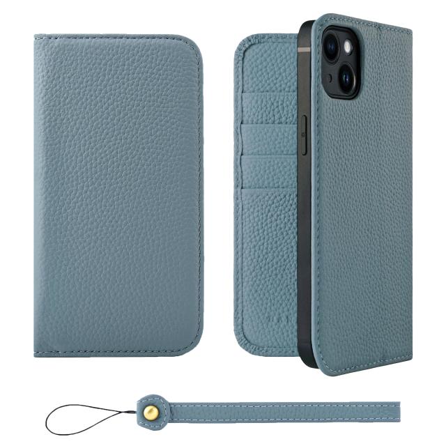[HANATORA] iPhone14Plus ケース 手帳型 本革 シュリンクカーフレザー スマホケース スタンド機能 ベルトなし マグネットなし ブルーグレー H0XA-14Plus-BlueGray