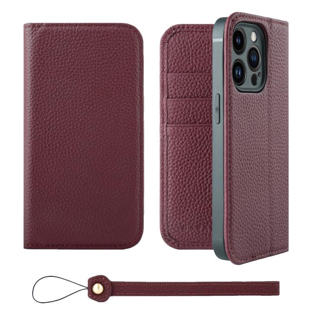 [HANATORA] iPhone14Pro ケース 手帳型 本革 シュリンクカーフレザー スマホケース スタンド機能 ベルトなし マグネットなし ワインレッド H0XA-14Pro-Wine