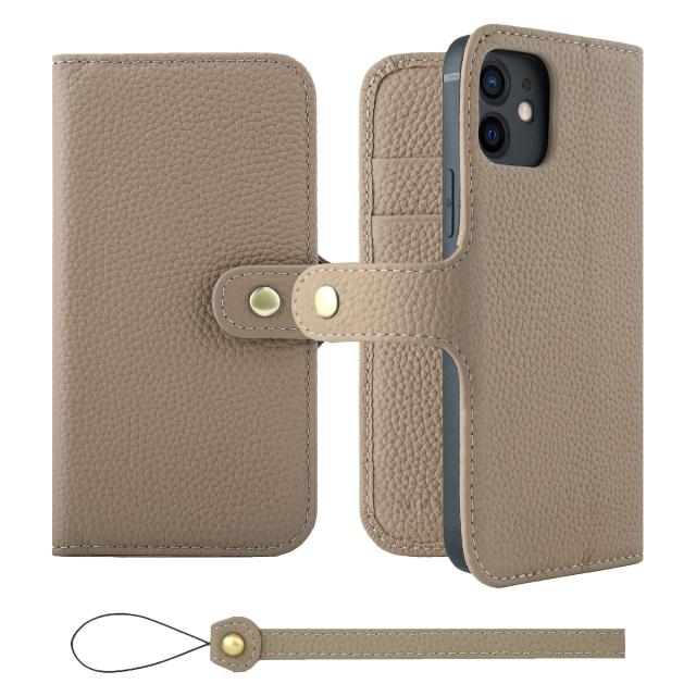 [HANATORA] iPhone12 ケース 手帳型 本革 シュリンクカーフレザー スマホケース スタンド機能 ベルトあり マグネットなし グレージュ H0XB-12-Grege