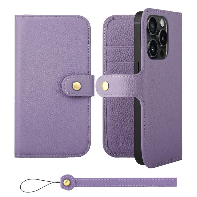 [HANATORA] iPhone15Pro ケース 手帳型 本革 シュリンクカーフレザー スマホケース スタンド機能 ベルトあり マグネットなし ラベンダー H0XB-15Pro-Purple