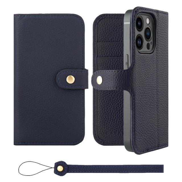 [HANATORA] iPhone14Pro ケース 手帳型 本革 シュリンクカーフレザー スマホケース スタンド機能 ベルトあり マグネットなし ネイビー H0XB-14Pro-Navy
