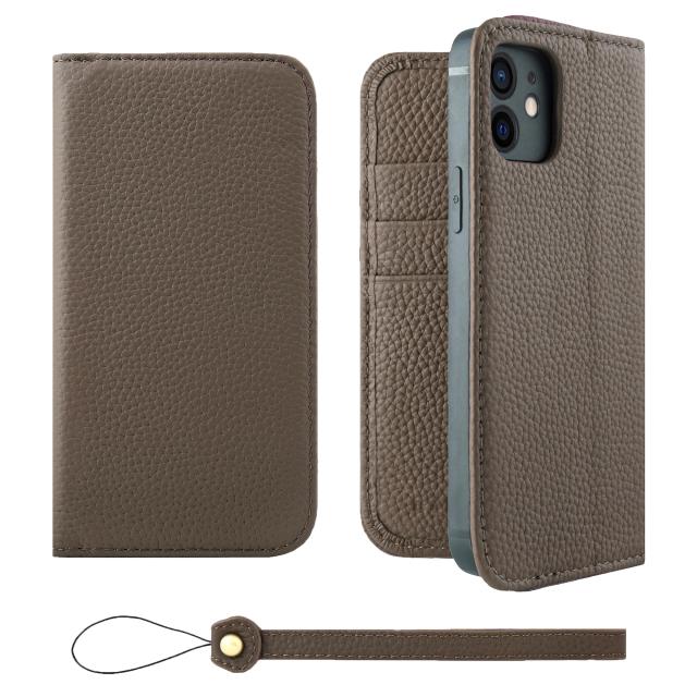 [HANATORA] iPhone12 ケース 手帳型 本革 シュリンクカーフレザー スマホケース スタンド機能 ベルトなし マグネットなし トープ H0XA-12-Taupe