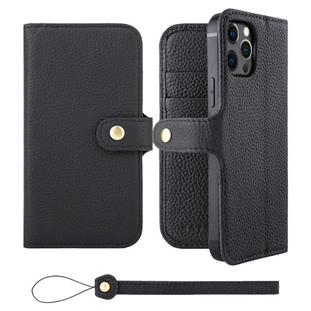 [HANATORA] iPhone12Pro ケース 手帳型 本革 シュリンクカーフレザー スマホケース スタンド機能 ベルトあり マグネットなし ブラック 黒 H0XB-12Pro-Black