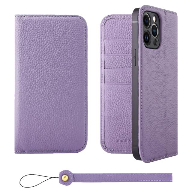 [HANATORA] iPhone13ProMax ケース 手帳型 本革 シュリンクカーフレザー スマホケース スタンド機能 ベルトなし マグネットなし ラベンダー H0XA-13ProMax-Purple