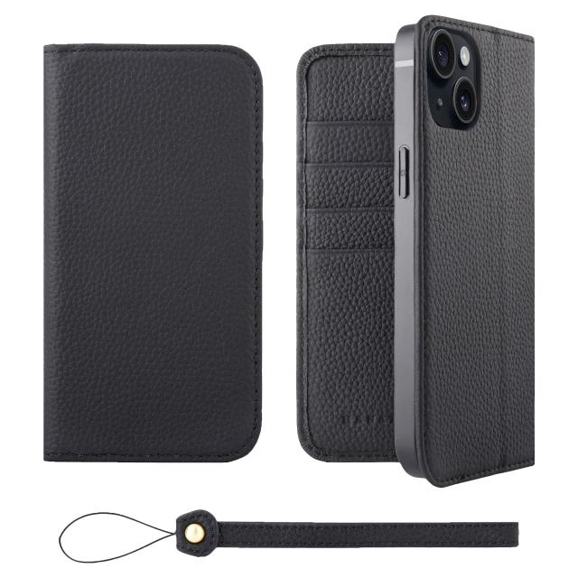 [HANATORA] iPhone15 Plus ケース 手帳型 本革 シュリンクカーフレザー スマホケース スタンド機能 ベルトなし マグネットなし ブラック 黒 H0XA-15Plus-Black