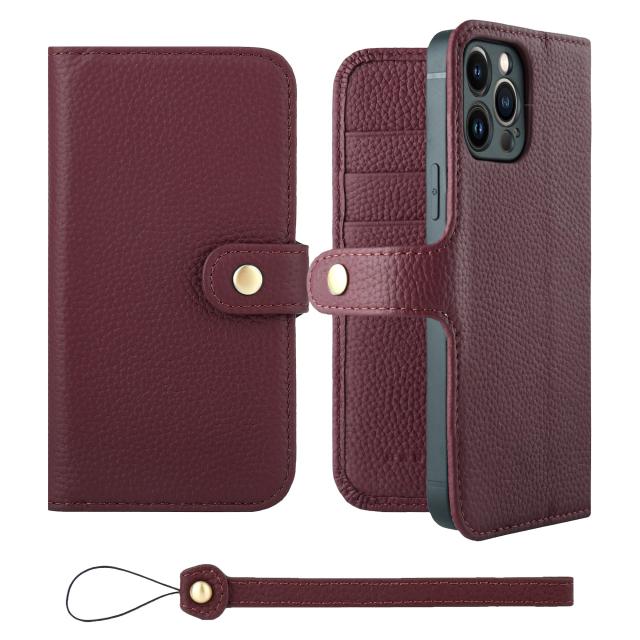 [HANATORA] iPhone13ProMax ケース 手帳型 本革 シュリンクカーフレザー スマホケース スタンド機能 ベルトあり マグネットなし ワインレッド H0XB-13ProMax-Wine
