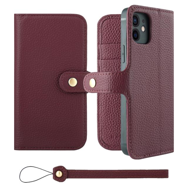 [HANATORA] iPhone12 ケース 手帳型 本革 シュリンクカーフレザー スマホケース スタンド機能 ベルトあり マグネットなし ワインレッド H0XB-12-Wine