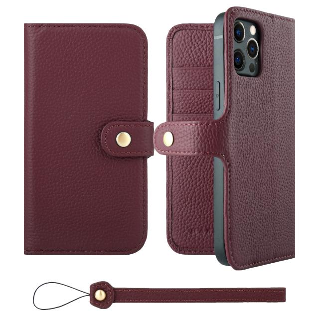 [HANATORA] iPhone12ProMax ケース 手帳型 本革 シュリンクカーフレザー スマホケース スタンド機能 ベルトあり マグネットなし ワインレッド H0XB-12ProMax-Wine