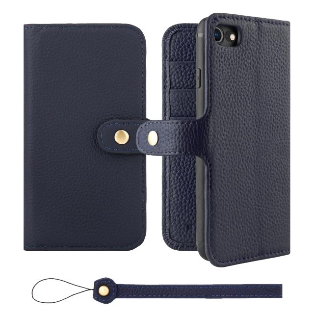 [HANATORA] iPhone8/iPhone7/iPhoneSE3/SE2 (第3世代・第2世代) ケース 手帳型 本革 シュリンクカーフレザー スマホケース スタンド機能 ベルトあり マグネットなし ネイビー H0XB-8SE-Navy