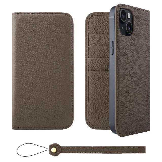[HANATORA] iPhone15Plus ケース 手帳型 本革 シュリンクカーフレザー スマホケース スタンド機能 ベルトなし マグネットなし トープ H0XA-15Plus-Taupe