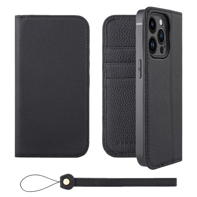 [HANATORA] iPhone14 Pro ケース 手帳型 本革 シュリンクカーフレザー スマホケース スタンド機能 ベルトなし マグネットなし ブラック 黒 H0XA-14Pro-Black