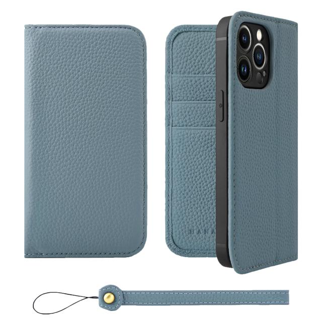 [HANATORA] iPhone13Pro ケース 手帳型 本革 シュリンクカーフレザー スマホケース スタンド機能 ベルトなし マグネットなし ブルーグレー H0XA-13Pro-BlueGray