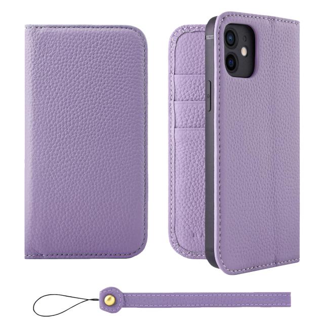 [HANATORA] iPhone12 ケース 手帳型 本革 シュリンクカーフレザー スマホケース スタンド機能 ベルトなし マグネットなし ラベンダー H0XA-12-Purple