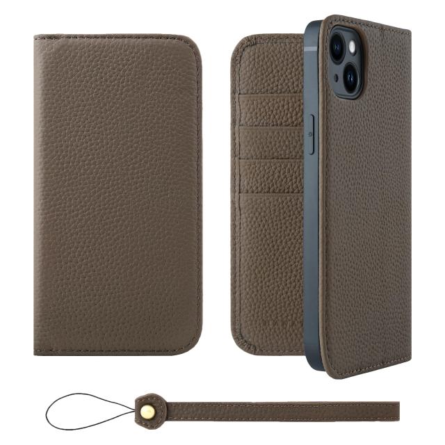 [HANATORA] iPhone14Plus ケース 手帳型 本革 シュリンクカーフレザー スマホケース スタンド機能 ベルトなし マグネットなし トープ H0XA-14Plus-Taupe