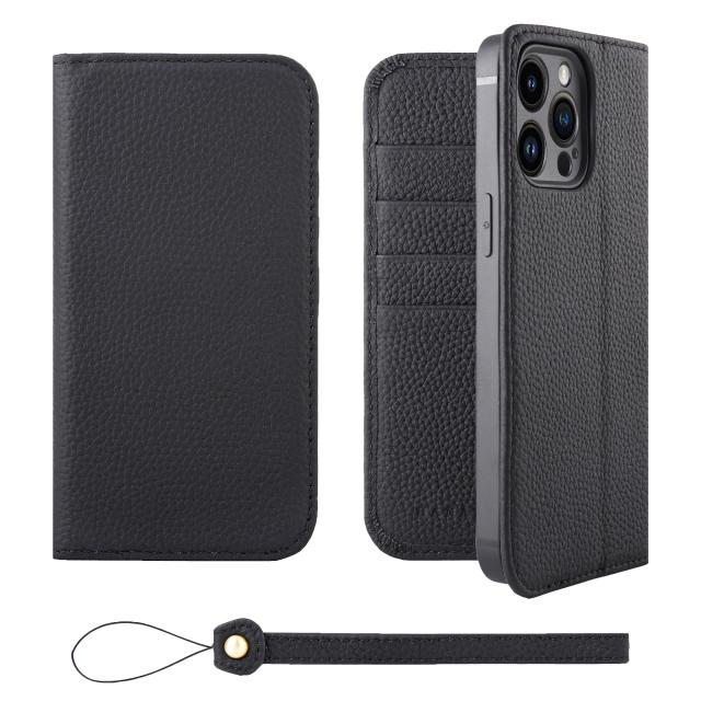 [HANATORA] iPhone14 ProMax ケース 手帳型 本革 シュリンクカーフレザー スマホケース スタンド機能 ベルトなし マグネットなし ブラック 黒 H0XA-14ProMax-Black