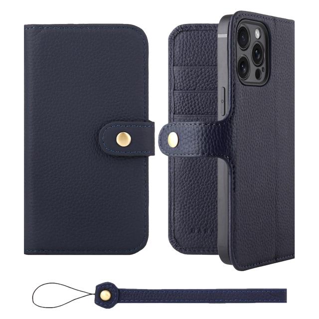 [HANATORA] iPhone15ProMax ケース 手帳型 本革 シュリンクカーフレザー スマホケース スタンド機能 ベルトあり マグネットなし ネイビー H0XB-15ProMax-Navy