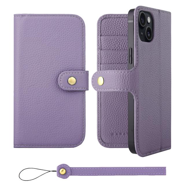 [HANATORA] iPhone15Plus ケース 手帳型 本革 シュリンクカーフレザー スマホケース スタンド機能 ベルトあり マグネットなし ラベンダー H0XB-15Plus-Purple