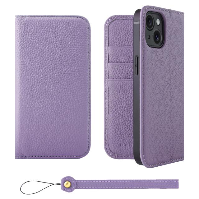 [HANATORA] iPhone15 ケース 手帳型 本革 シュリンクカーフレザー スマホケース スタンド機能 ベルトなし マグネットなし ラベンダー H0XA-15-Purpleの通販は