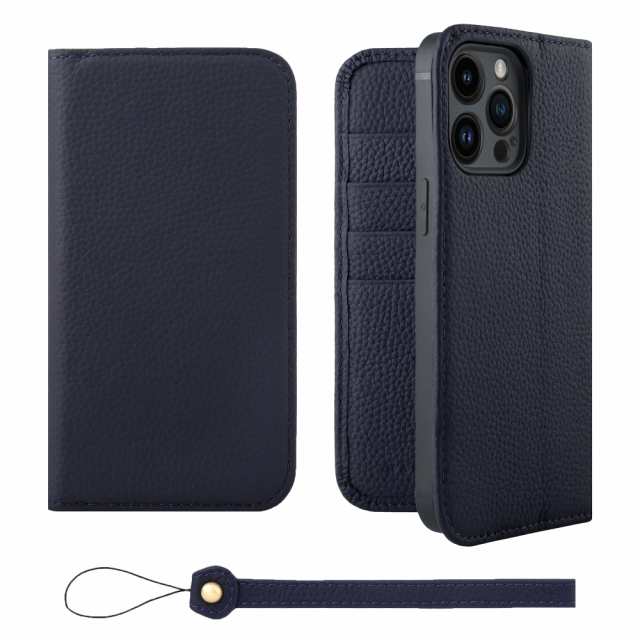 [HANATORA] iPhone14ProMax ケース 手帳型 本革 シュリンクカーフレザー スマホケース スタンド機能 ベルトなし マグネットなし ネイビー H0XA-14ProMax-Navyの通販は