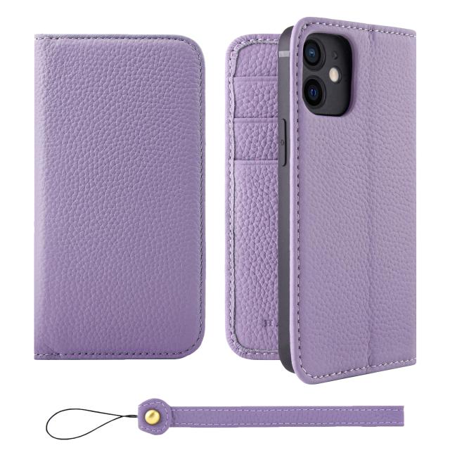 [HANATORA] iPhone12mini ケース 手帳型 本革 シュリンクカーフレザー スマホケース スタンド機能 ベルトなし マグネットなし ラベンダー H0XA-12mini-Purple
