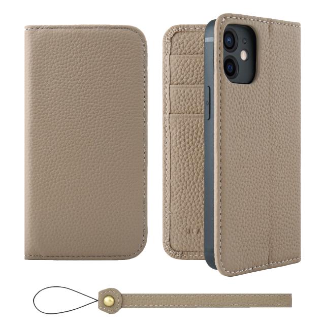 [HANATORA] iPhone12mini ケース 手帳型 本革 シュリンクカーフレザー スマホケース スタンド機能 ベルトなし マグネットなし グレージュ H0XA-12mini-Grege