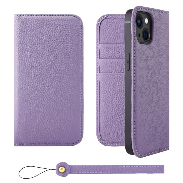 [HANATORA] iPhone14 ケース 手帳型 本革 シュリンクカーフレザー スマホケース スタンド機能 ベルトなし マグネットなし ラベンダー H0XA-14-Purple