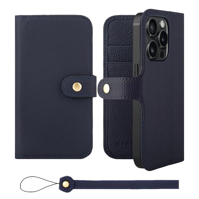 [HANATORA] iPhone15Pro ケース 手帳型 本革 シュリンクカーフレザー スマホケース スタンド機能 ベルトあり マグネットなし ネイビー H0XB-15Pro-Navy