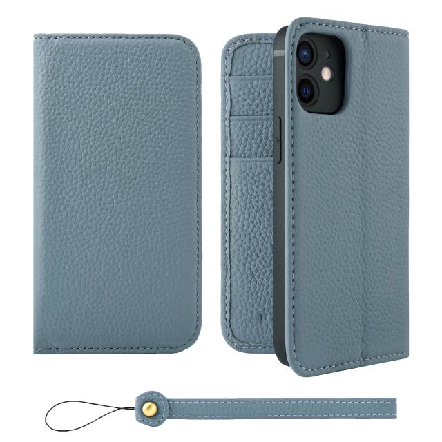 [HANATORA] iPhone12mini ケース 手帳型 本革 シュリンクカーフレザー スマホケース スタンド機能 ベルトなし マグネットなし ブルーグレー H0XA-12mini-BlueGray