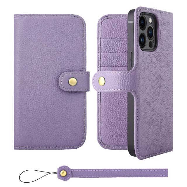[HANATORA] iPhone14ProMax ケース 手帳型 本革 シュリンクカーフレザー スマホケース スタンド機能 ベルトあり マグネットなし ラベンダー H0XB-14ProMax-Purpleの通販は